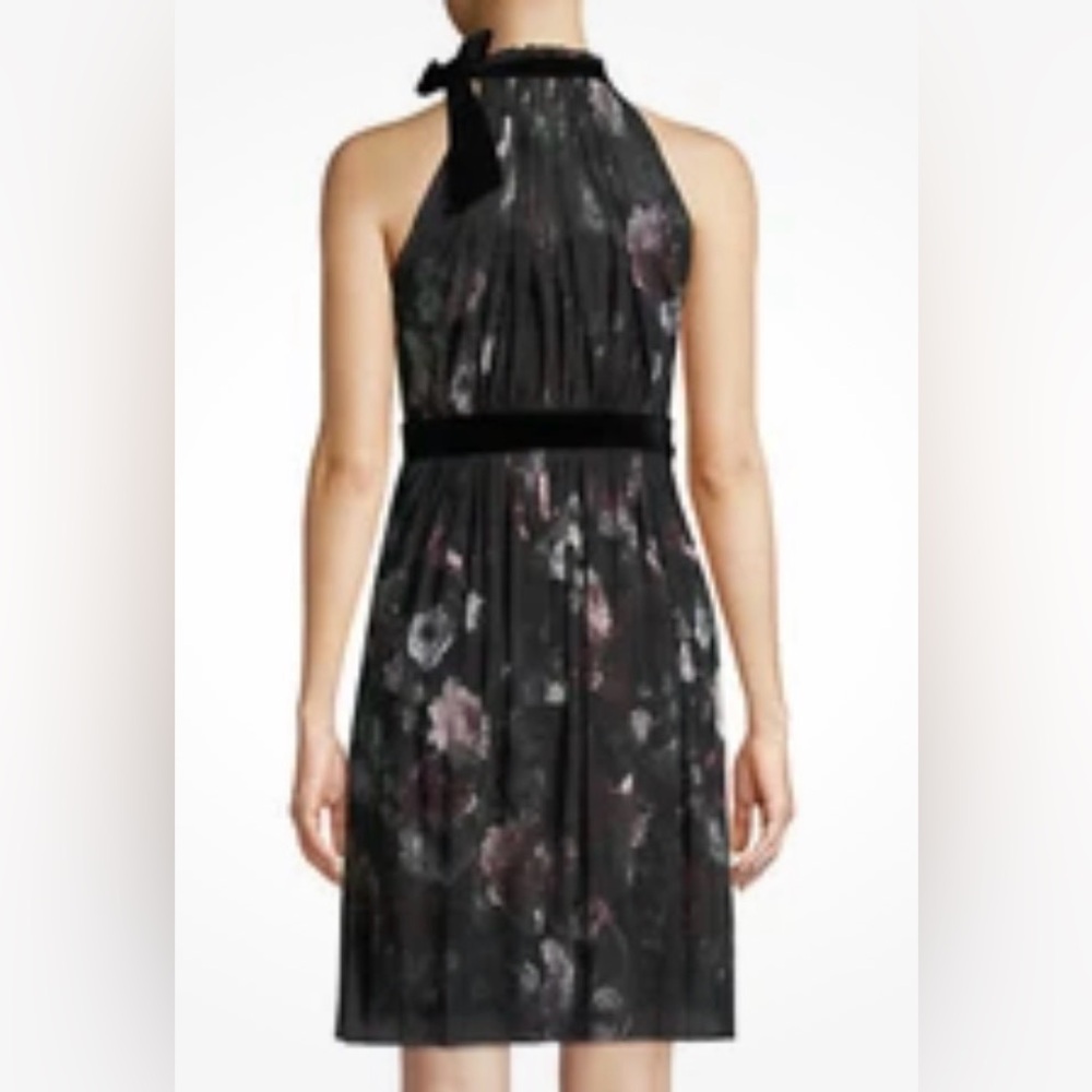 Fuzzi Dark Floral Mesh Halter Dress Black Velvet Waist Trim Size S - Picture 4 of 8